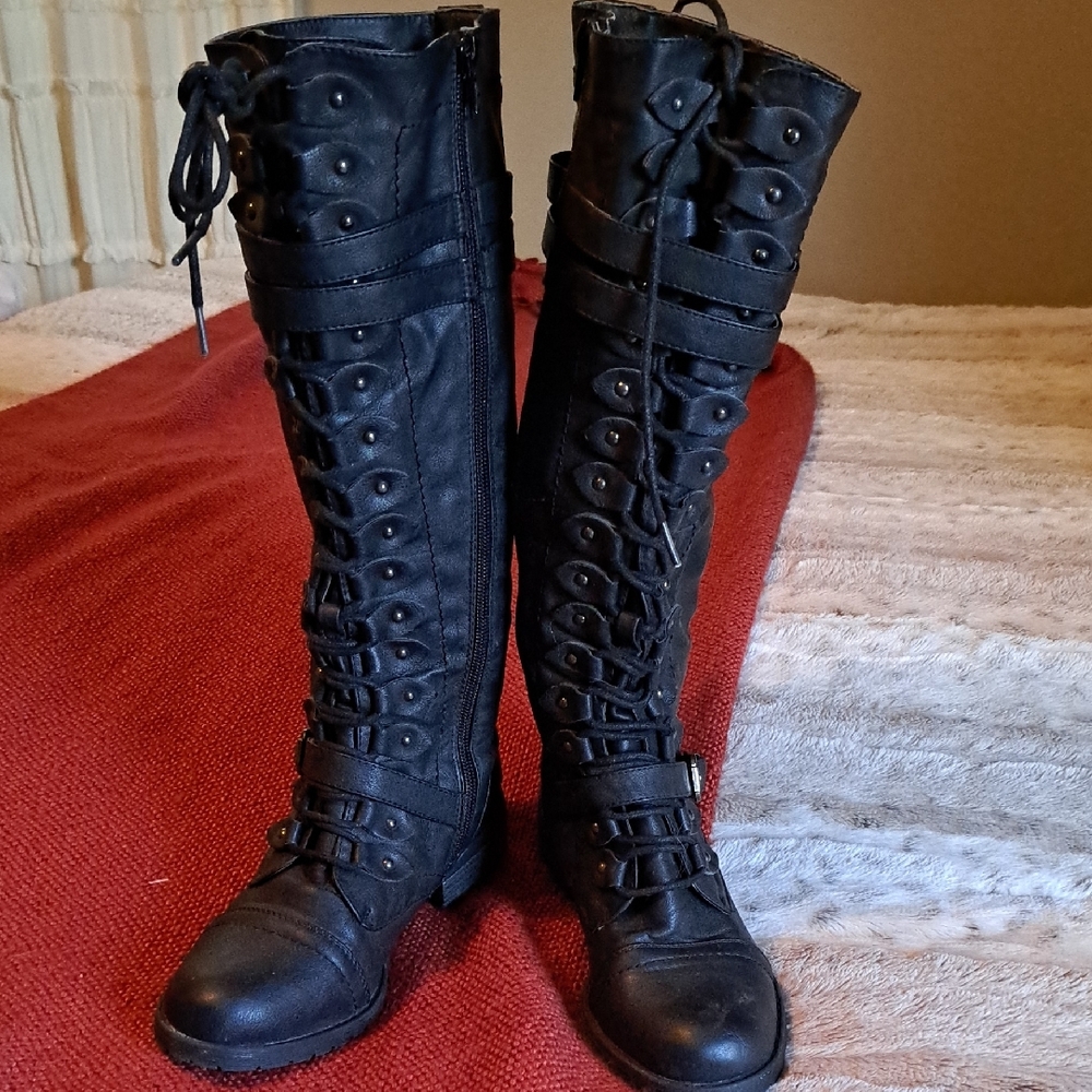 Wild Diva Black Combat Boots with Lace-Up Design